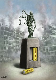 a drawing of a lady justice statue on top of a block of concrete with a yellow marker next to it