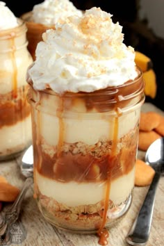 dessert in a jar with whipped cream and caramel