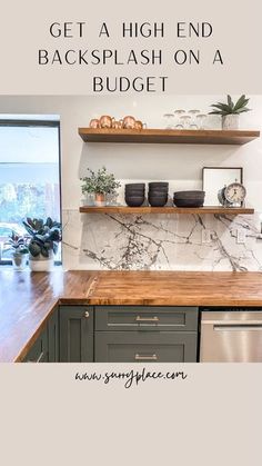 a kitchen with marble counter tops and shelves on the wall, next to an open window