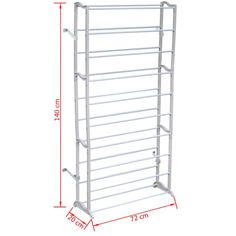 a white shoe rack with six pairs of shoes on it and measurements for each pair