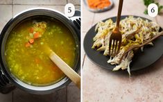 two pictures side by side one shows soup and the other shows vegetables being cooked in an instant pot