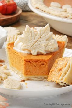 a slice of pumpkin pie on a plate with other pies in the back ground