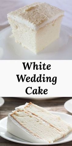 white wedding cake on a plate with text overlay that reads, white wedding cake