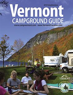 the cover of vermont campground guide with people sitting at picnic tables and camping trailers in background