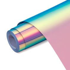 a roll of holographic paper on a white background with an iridescent color