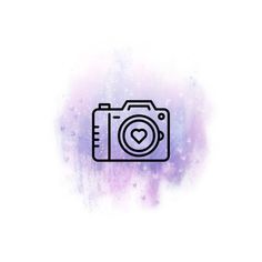 a camera with a heart in the center on a purple and blue watercolor background