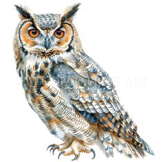 an owl with orange eyes sitting on top of a white surface