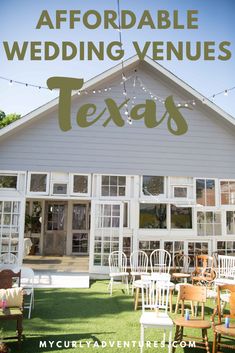 the wedding venue with white chairs and string lights hanging from it's roof, in front of a gray building