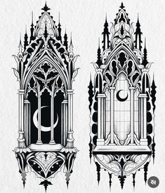 an ornate window with a crescent in the middle and a moon at the top, on a white paper background