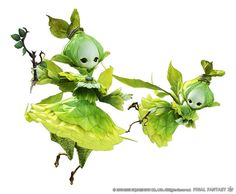 two green plants with faces on them are floating in the air and surrounded by leaves