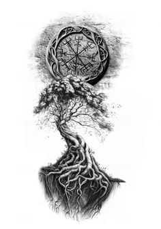 a drawing of a tree with roots and a compass in the center, on a white background