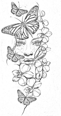 a drawing of a woman with butterflies on her face and flowers around her neck, in black and white