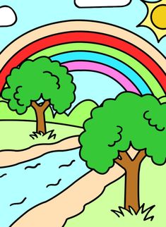 a drawing of a rainbow with trees and water