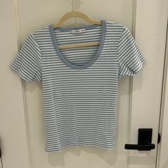 Brand New Perfect Condition- Never Worn Scoop Neck Mango Size L Blue Ribbed Scoop Neck Top, Trendy Blue Ribbed T-shirt, Spring Blue Ribbed T-shirt, Blue Ribbed T-shirt For Spring, Everyday Blue Ribbed Tops, Blue Scoop Neck T-shirt For Summer, Basic Blue Ribbed T-shirt, Light Blue Scoop Neck Top For Spring, Casual Blue Ribbed T-shirt