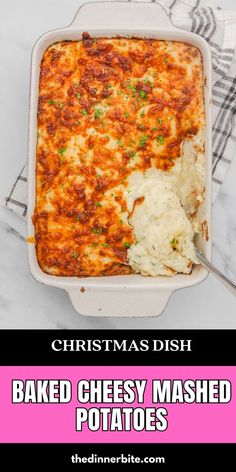 baked cheesy mashed potatoes in a white casserole dish with text overlay