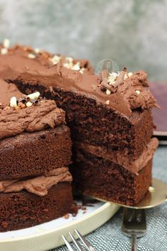 a chocolate cake with one slice cut out