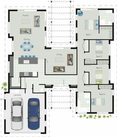 the floor plan for a house with two cars parked in it