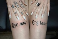 two women with tattoos on their arms and legs, both have words written on them