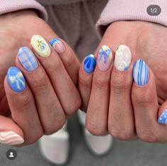 Cute Gel X Nails For Summer, Noah Kahan Nail Ideas, West Coast Nails, Every Nail Is Different Design, Salome Andrea Nails, Mismatched Summer Nails, Nail Inspo On Natural Nails, Blue Fruit Nails, Short Almond Nails With Design