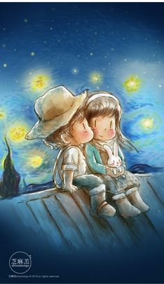 two children are sitting on the roof looking at the stars