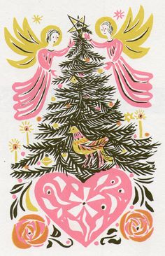 an angel christmas tree with two doves and a pink heart