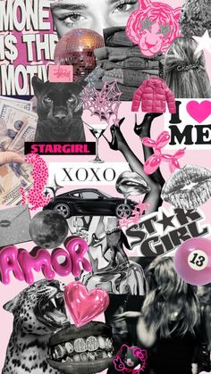 the collage is made up of many different things in black and white, including pink