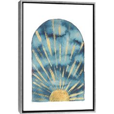 a blue and gold art print with sunbursts on the top, against a white background