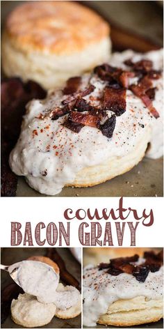 bacon and cream pancakes are shown with the words country bacon gravy on them