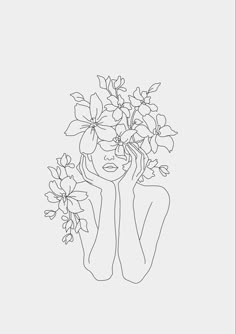 a line drawing of a woman with flowers in her hair and hands behind her head