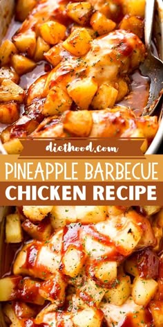 pineapple barbecue chicken in a white casserole dish with text overlay that reads pineapple barbecue chicken