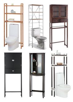 four different types of bathroom shelvings in various styles and colors, including one for the toilet