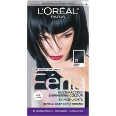 With L'Oreal Feria permanent hair color, what you see is the shimmer. Multi-Faceted shimmering color with 3X highlights delivers intensified, brilliant results. Inspired by fashion, Feria offers a twist on the traditional and gives edgy hair color - from bright red, platinum blonde, rose gold, metallic brown, to blue black hair color, these hair dye kits will transform your hair. Feria's prismatic color spectrum is custom-blended by L'Oreal master colorists for bold, head-turning shades – no app Loreal Paris Feria, Feria Hair Color, Blue Black Hair Color, Edgy Hair Color, Blue Black Hair, Night Hairstyles, Bold Hair Color, Black Hair Dye, Black Hair Color