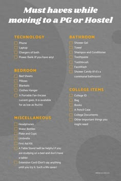 a poster with the words must have while moving to a p g or hostel