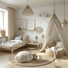 a bedroom with white walls and flooring has a hammock hanging from the ceiling