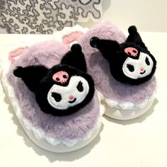 Adorable Kuromi Slippers In Purple And White, Brand New, Never Used Cute Purple Stuff, Cute Non-slip Closed Toe Slippers, Cute Winter Slippers With Soft Sole, Cute Soft Synthetic Slippers, Cute Non-slip Indoor Slippers, Cute Indoor Non-slip Slippers, White Non-slip Slippers For Playtime, White Soft Sole Slippers For Winter, Pink Kawaii Slippers For Indoor