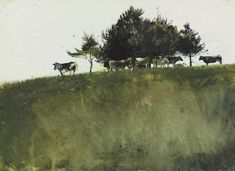 a painting of cows standing on top of a grass covered hill with trees in the background