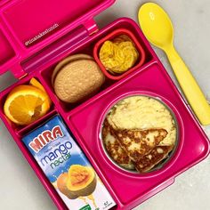 a pink lunchbox with orange slices, cereal and yogurt on the side