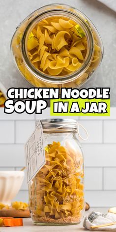 Chicken noodle soup in a jar Chicken Noodle Soup In A Jar, Meals In A Jar Recipes Just Add Water, Noodle Soup In A Jar, Clean Eating Soup, Soup In A Jar, Pasta Noodle Recipe, Chicken And Veggies, Homemade Food Gifts, Whip It