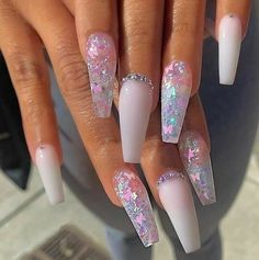 Stone Nails, Long Coffin Nails, Milky Nails, White Acrylic Nails, Cute Acrylic Nail Designs, Long Acrylic Nails Coffin, Blue Nail, Coffin Nails Long