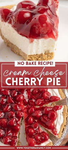 no bake cheesecake with fresh cherries on top and cherry pie in the middle