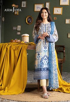 Shirt: Swiss lawn By Pcs: 3 Pcs Trouser: Swiss lawn Dupatta: Indian lawn Color: Yellow Fabric composition: Blended Product Details Dive into the art of Japanese porcelain print in the hues of blue and light yellow making it an artistic piece. Indian Dress Salwar, Wedding Dress Indian, Pakistani Dresses Party, Porcelain Print, Wedding Dresses Indian, Asim Jofa, Salwar Dress, Dress Salwar Kameez, Chiffon Collection