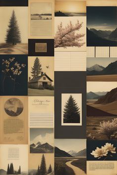 a collage of photographs with trees and mountains in the background, including an image of a house