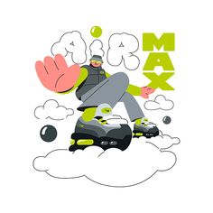 a man riding a snowboard on top of a cloud with the words max above him