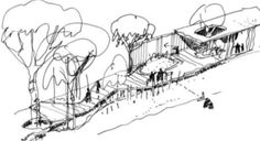 an architectural drawing of a house with trees and people walking around the front yard, in black and white