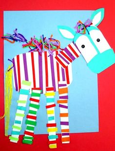 an image of a horse made out of strips of paper on a red and blue background