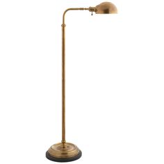 a brass colored floor lamp with a black base and an adjustable arm, on a white background