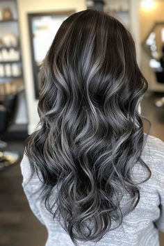 Black Hair With Ash Gray Highlights, Highlights Idea For Black Hair, Cool Ash Hair Color, Hair Color Ideas For Brunettes Silver, Dark And Silver Hair Ombre, Hair Color Ideas Gray Silver Ombre, Dark Grey Hair Color Ideas, Dark Silver Highlights, Silver Gray Highlights On Dark Hair