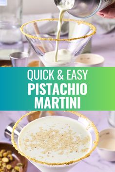 two martini glasses filled with white liquid and garnished with pistachio