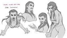 some female character sketches from the animated movie avatars, including an angry woman with long hair