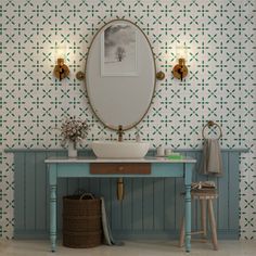 a bathroom with a sink, mirror and stools in front of the wallpaper